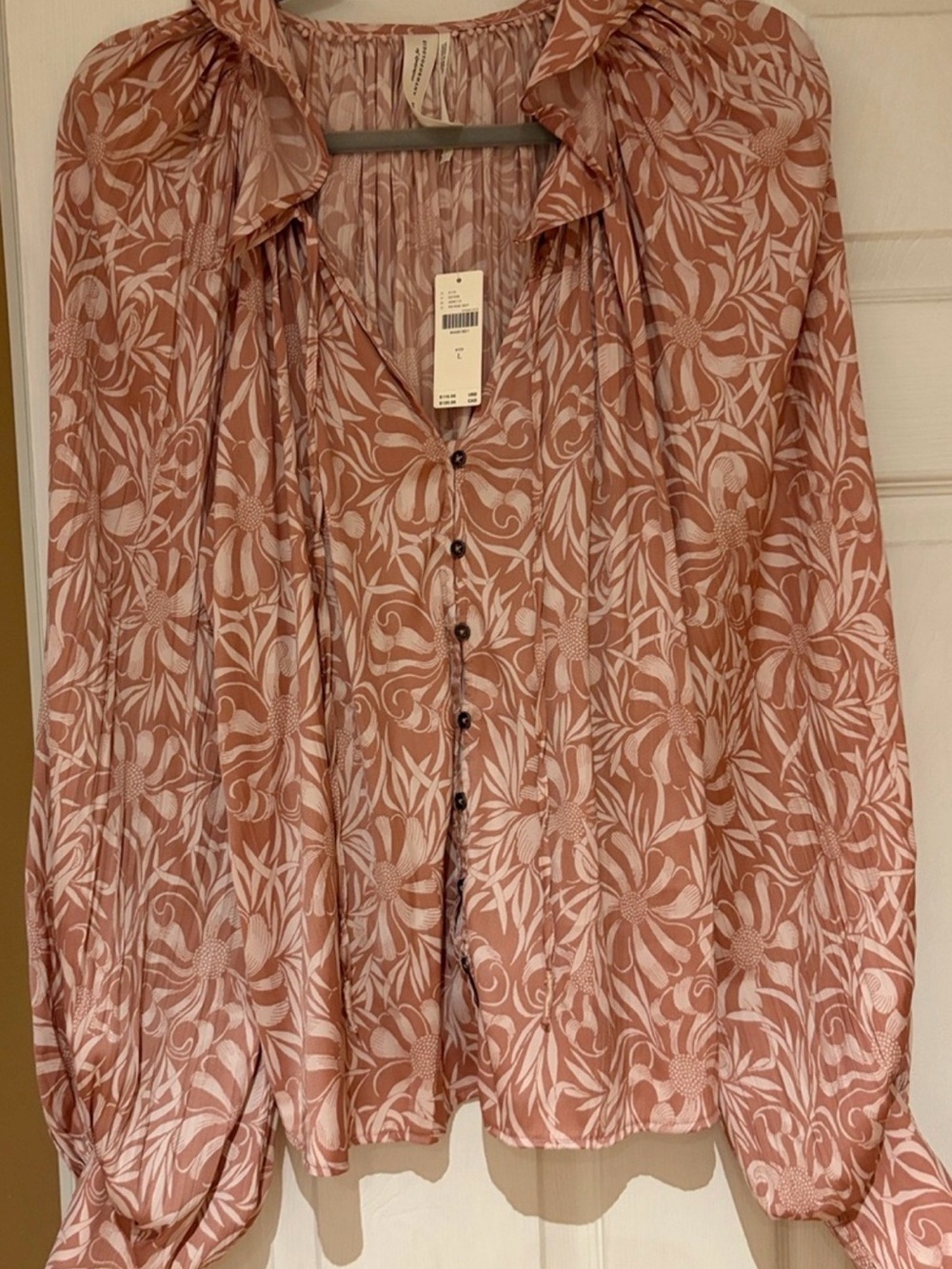 Anthropologie Floral Print Long-Sleeve Button-Up Shirt — Dusty Rose